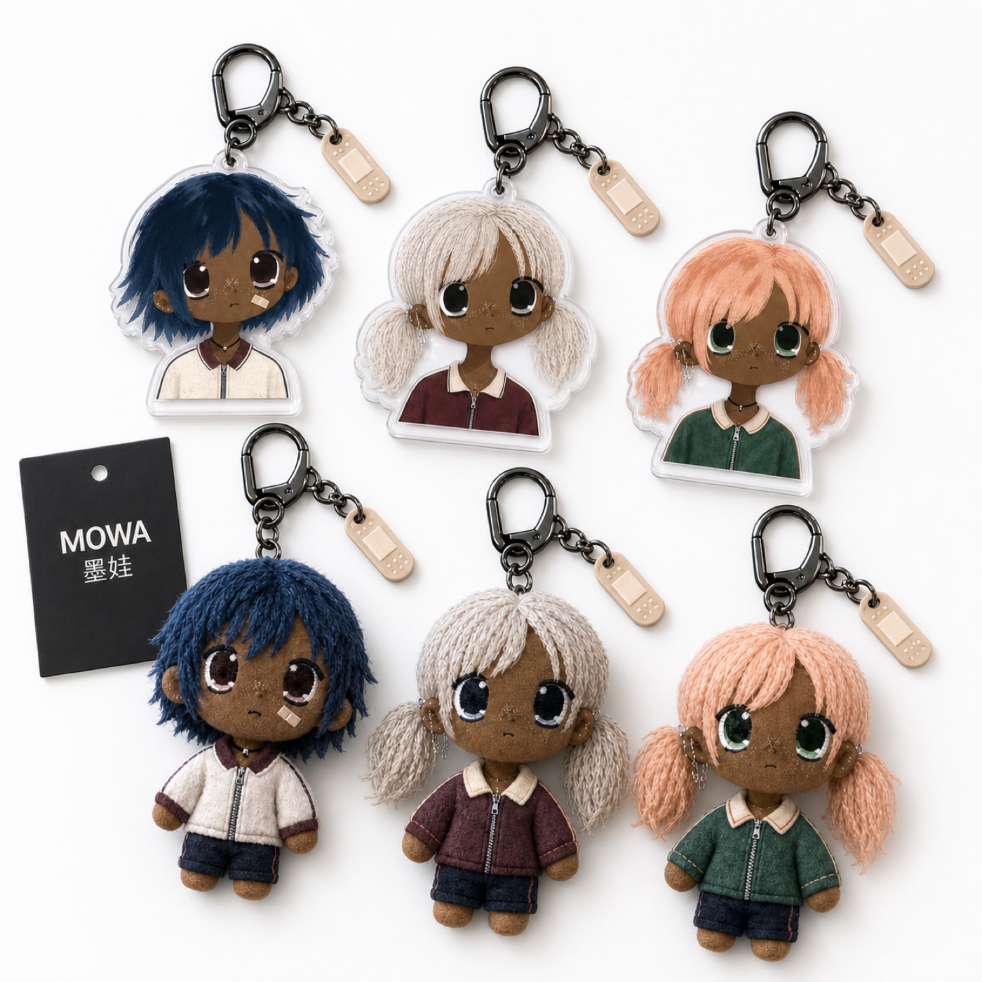 MOWA acrylic and miniature plush keychain collection on a white product background