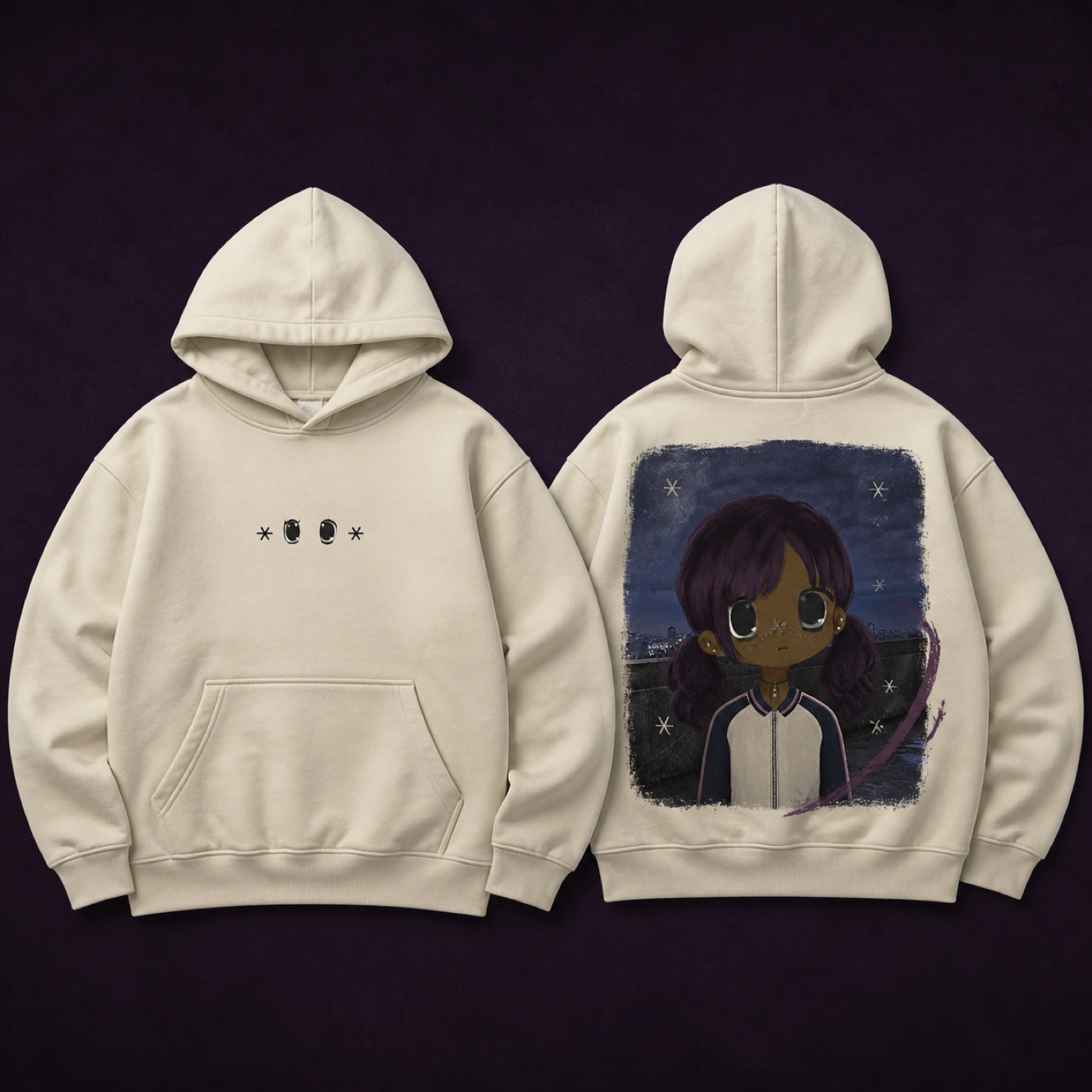 Bone white MOWA Plum Skyline pullover hoodie shown front and back