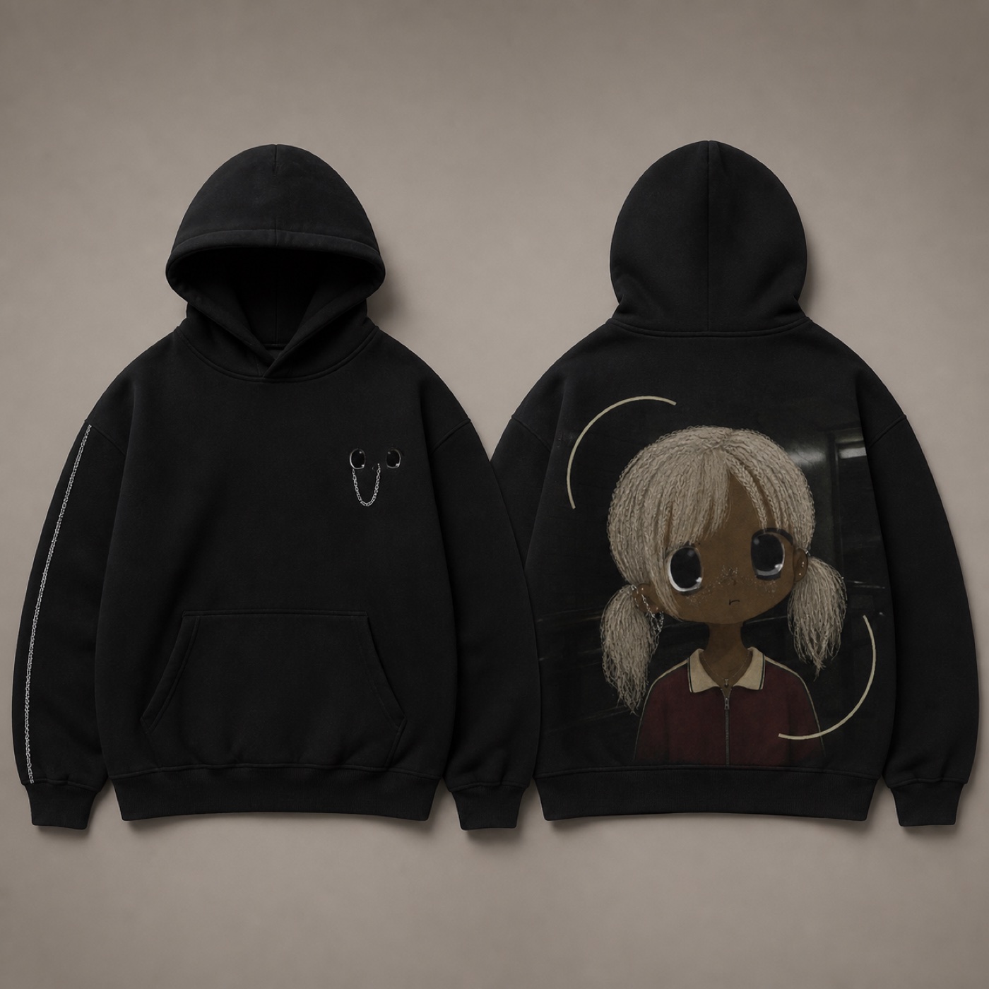 Black MOWA Silver Orbit pullover hoodie shown front and back