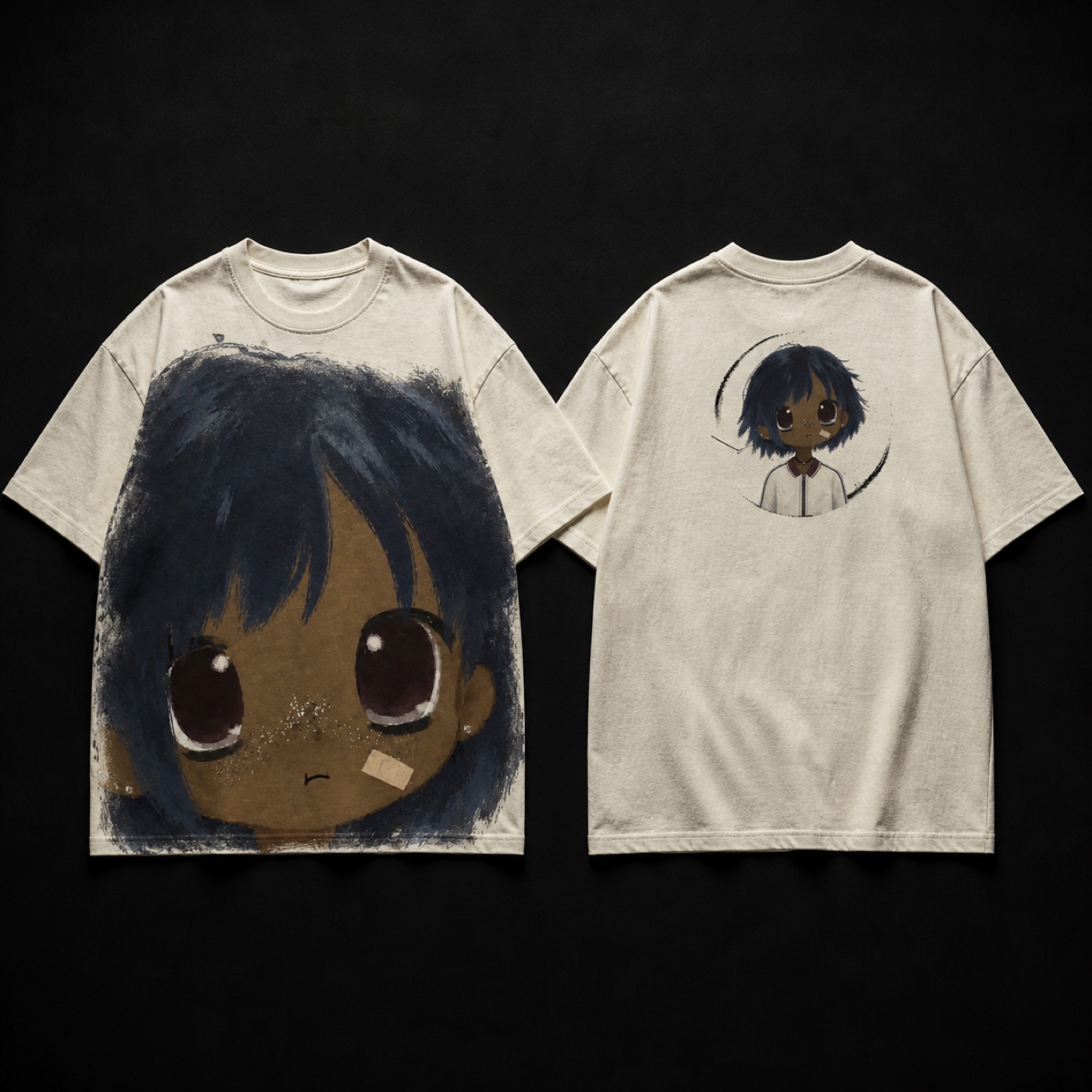 Bone white oversized MOWA Staring T-shirt shown front and back
