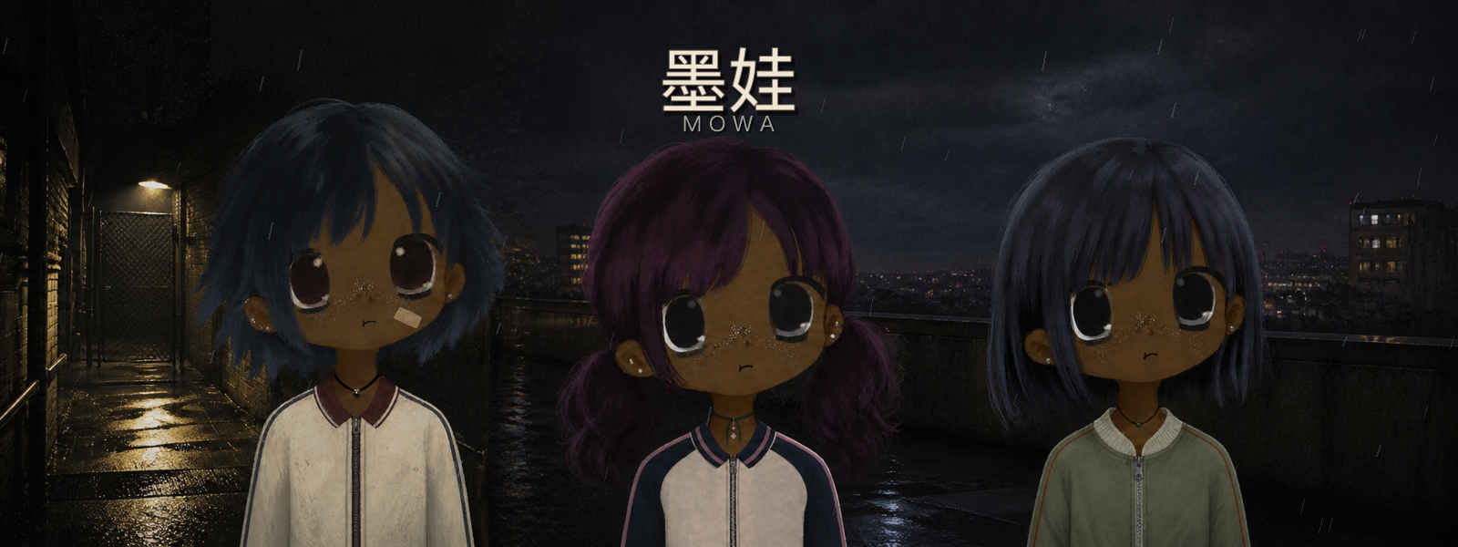 Three hand-painted MOWA characters in a rainy city at night